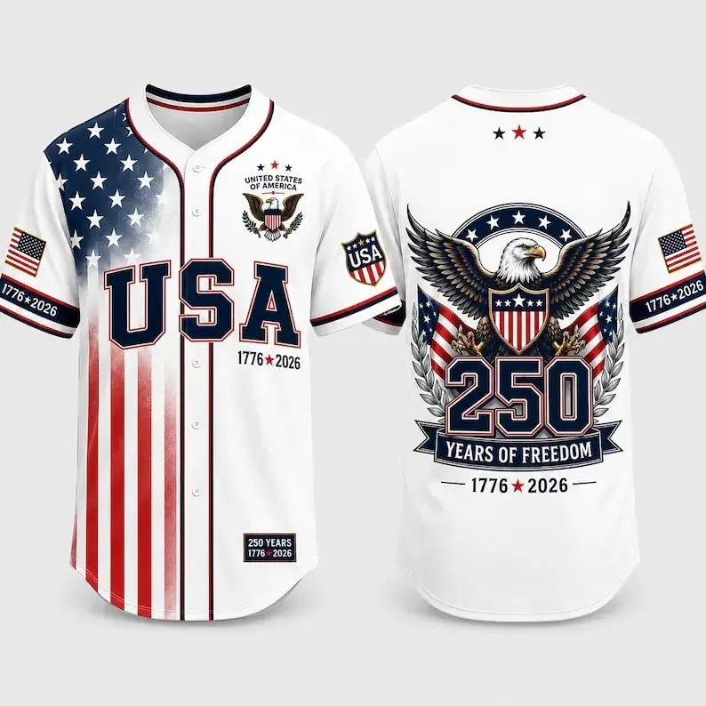 Stars & Stripes Elite 250 USA Heritage Polyester Baseball Jersey - 4th of July Theme, US Pride Patriotic Button-Up Polyester Clothes for Veterans Day, 1776-2026 Independence Day Gift, Memorial Day, Us Pride / Nation Pride