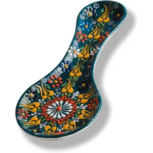10" Handmade Ceramic Spoon Rest Dishwasher Safe Utensil Holder for Kitchen Stove Top Counter, Colorful Emerald Green Housewarming Gift