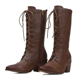 CELNEPHO Women Cowboy Boots Pointed Toe Chunky Block Heel Granny Boot Mid Calf Boot Easy Pull on Lace up Motorcycle Combat Booties Side Zipper Closure Casual Work Country Wedding Dress Shoes