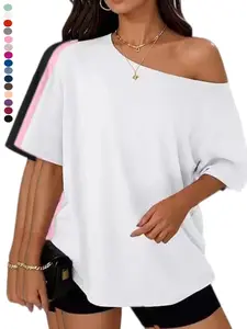 2026 Womens Off The Shoulder Tops Oversized T-Shirts Short Sleeve Tees Summer 2026 Casual Spring Clothes Womenswear