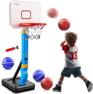 Kids Basketball Hoop, Adjustable Height Goal Board Stand, Indoor Outdoor Toddler Classic Sports, Mini Portable Backyard Game 4-Balls Set, Boy Girl Toy Gift Adult Poolside Party Play, Blue