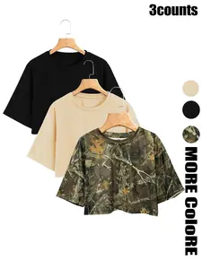 Women's Plain/ Branch Print Drop Shoulder Crop Tee, Casual Loose Tee, Casual Half Sleeve Round Neck T-shirt for Summer, Ladies Clothes for Daily Wear