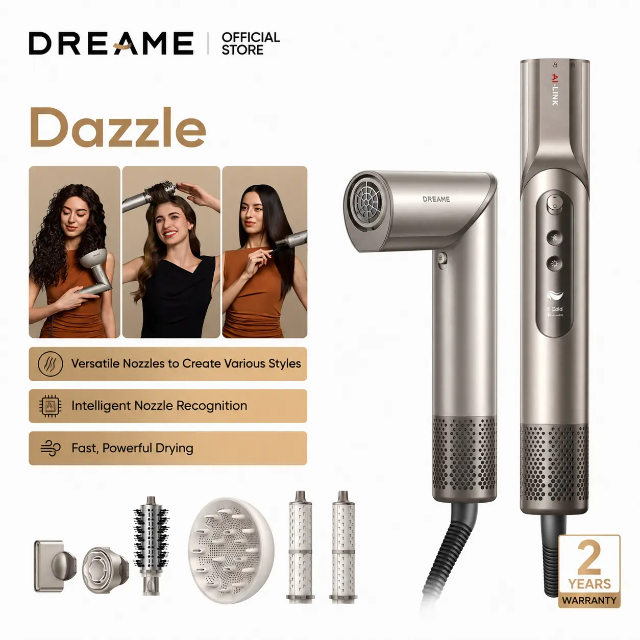 DREAME Dazzle Hair Styler and Dryer- Intelligent Nozzle Recognition, 110,000RPM High-Speed Motor for Fast Drying, 300M Negative Ions, 5 Snap-on Attachments, Smart Screen, 3 Customizable Modes