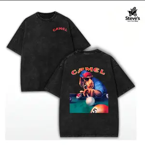 washed cotton,Camel Joe Pool Playing Graphic Tee Vintage  T Shirt Retro Distressed Short Sleeve Casual Streetwear Billiards Shirt Summer Fashion Top Relaxed Fit Loose Version Crew Neck Unisex Tee for Retro Fans
