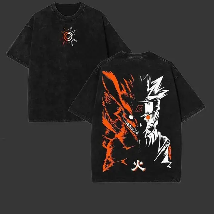 Retro Heavy Naruto Nine Tails Tee - Split Graphic of Naruto & Kurama Nine-Tailed Fox with Hidden Leaf Symbol and Fire Kanji Unisex Oversized Cotton