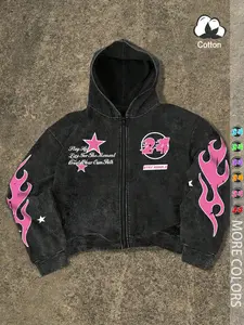 Unisex Street Style Flame Print Graphic Hooded Sweatshirt, Long Sleeve Zipper Letter Hoodie, Casual Fitted Fall & Winter Clothing