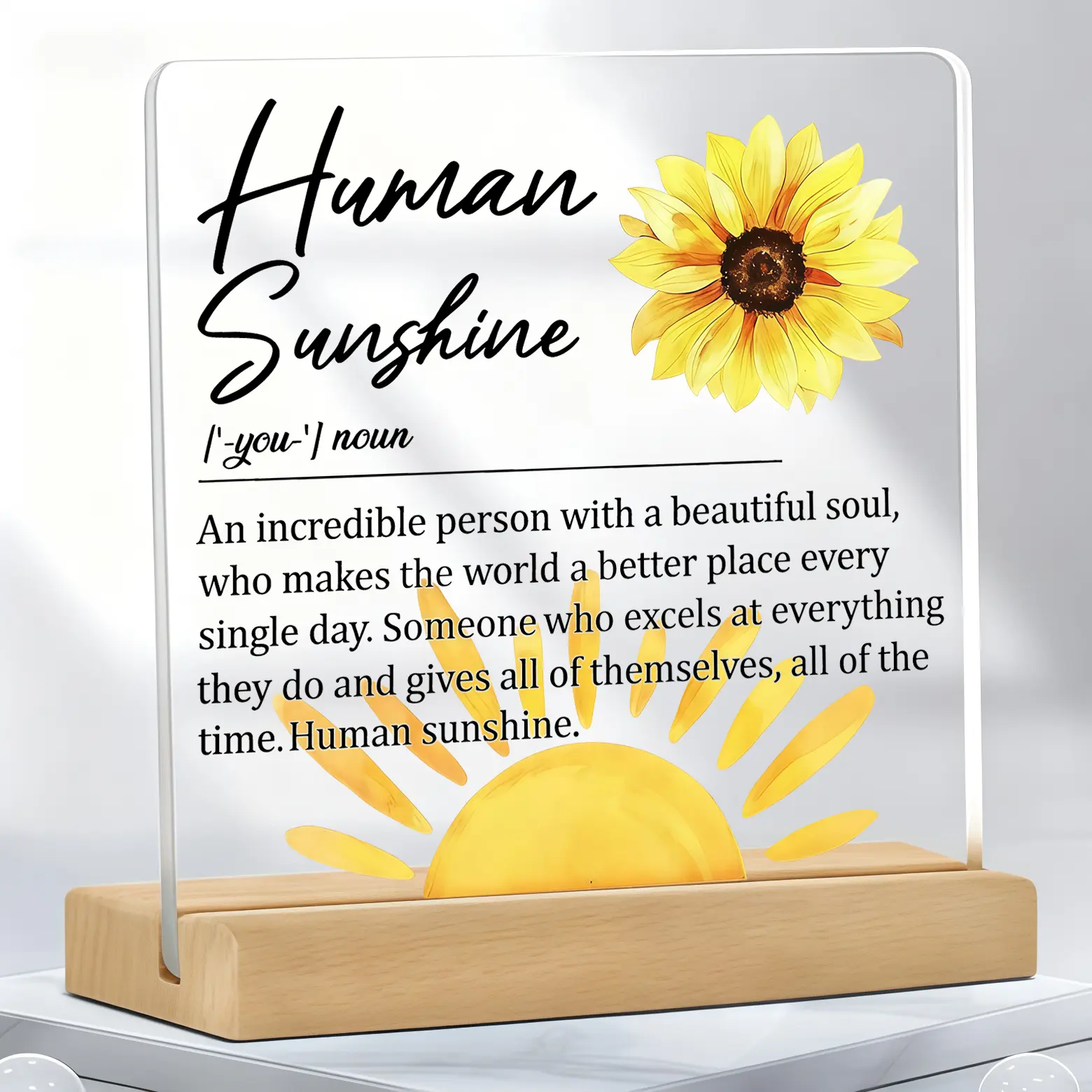 Human Sunshine Definition Acrylic Desk Plaque with Wooden Stand, Sunflower Motivation Sign, Thank You Gift for Coworkers/Friends, Office/Home Decor for Birthday Christmas Thanksgiving, Appreciation