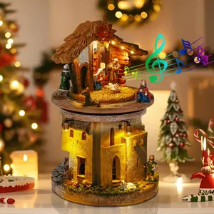 1 PC Animated Christmas Village Decoration Nativity Scene, Holy Family Nativity with Lights Religious Songs and Rotating Manger Figurines for Indoor Holiday Christian Tabletop Decor