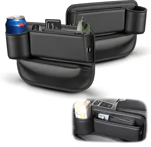 FASTAGEI Car Seat Gap Filler Organizer, Universal Premium Leather Seat Organizer with Cup Holder, Seat Gap Storage Box with Bottle Holder, Car Gap Bag Front Center Console Seat (Driver+Passenger 2 Pack)