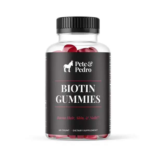 Pete & Pedro Biotin Gummies - Edible Vitamin Hair Growth Supplements for Women & Men, Supports Hair, Skin & Nail Health, Includes Vitamins A,C,D,E,B12 & Zinc, Gluten-Free, Shellfish-Free, Non-GMO, Cherry Flavored, 60 Count