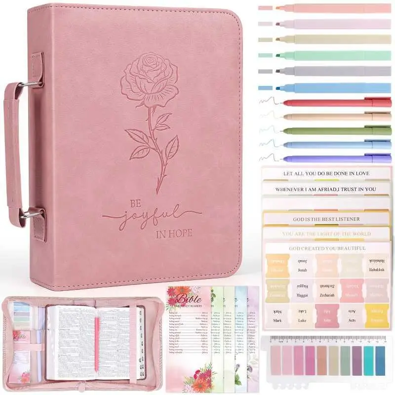 XKDOUS Bible Cover Case with 24PCS Study Essentials, Large Leather Bible Bag for Women and Men, Christian Book Protector with Marker Set and Bible Tabs zipper gift