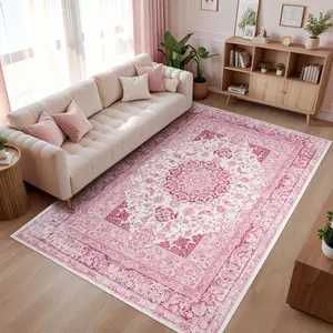 Washable Rugs for Living Room, Faux Cashmere Floral Vintage Rug for Bedroom Dining Room, Low Pile Soft Boho Floor Covering Carpet,Retro Distressed Medallion Mat Traditional Interiors, with Non-Slip Backing,Pink