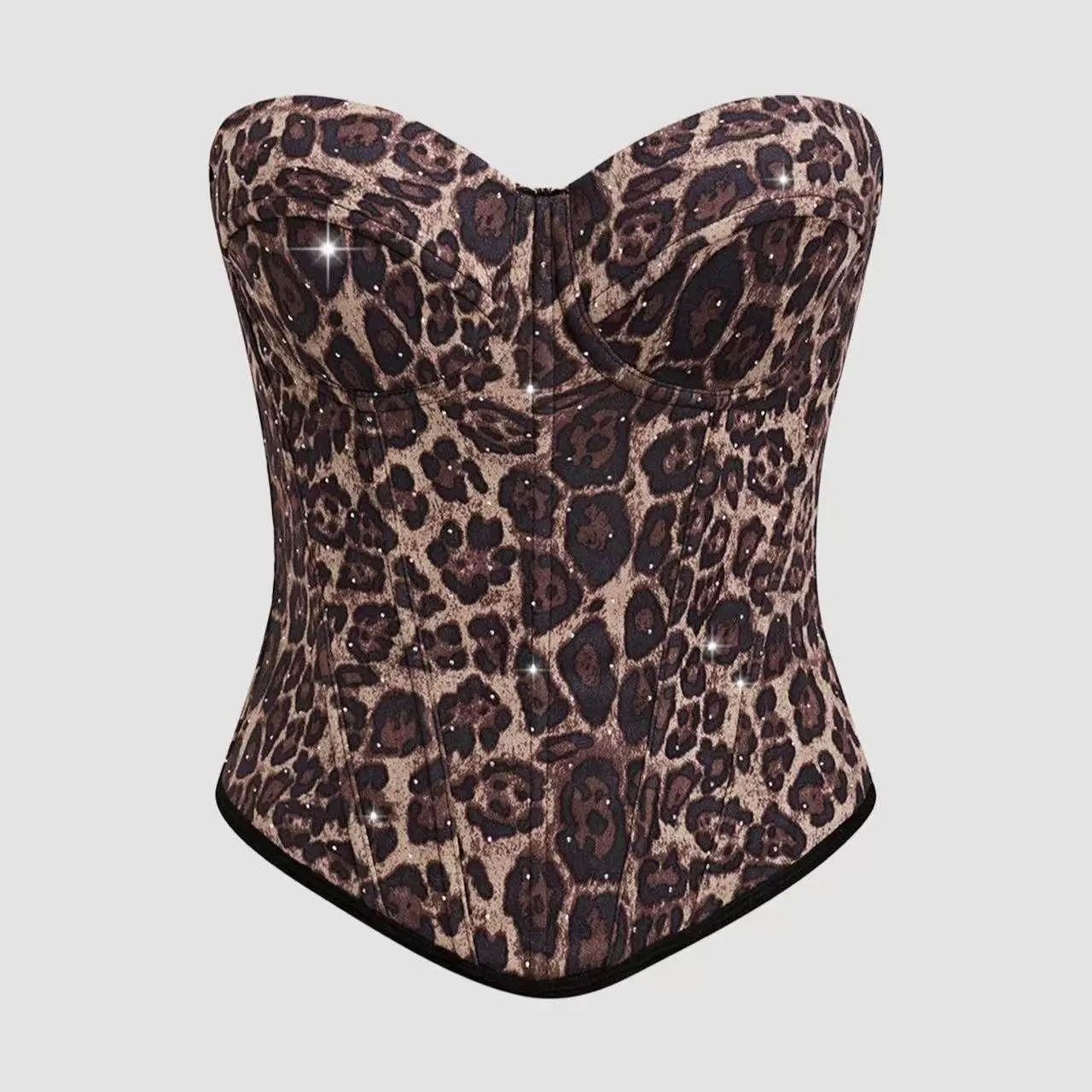 Surge Boutique Women's Sexy Fitted Leopard Print Tube Top Shapewear - Slightly Stretchy Boned Shaping Bra, Detachable Rhinestone Strap Top, Ideal for Parties & Daily Wear