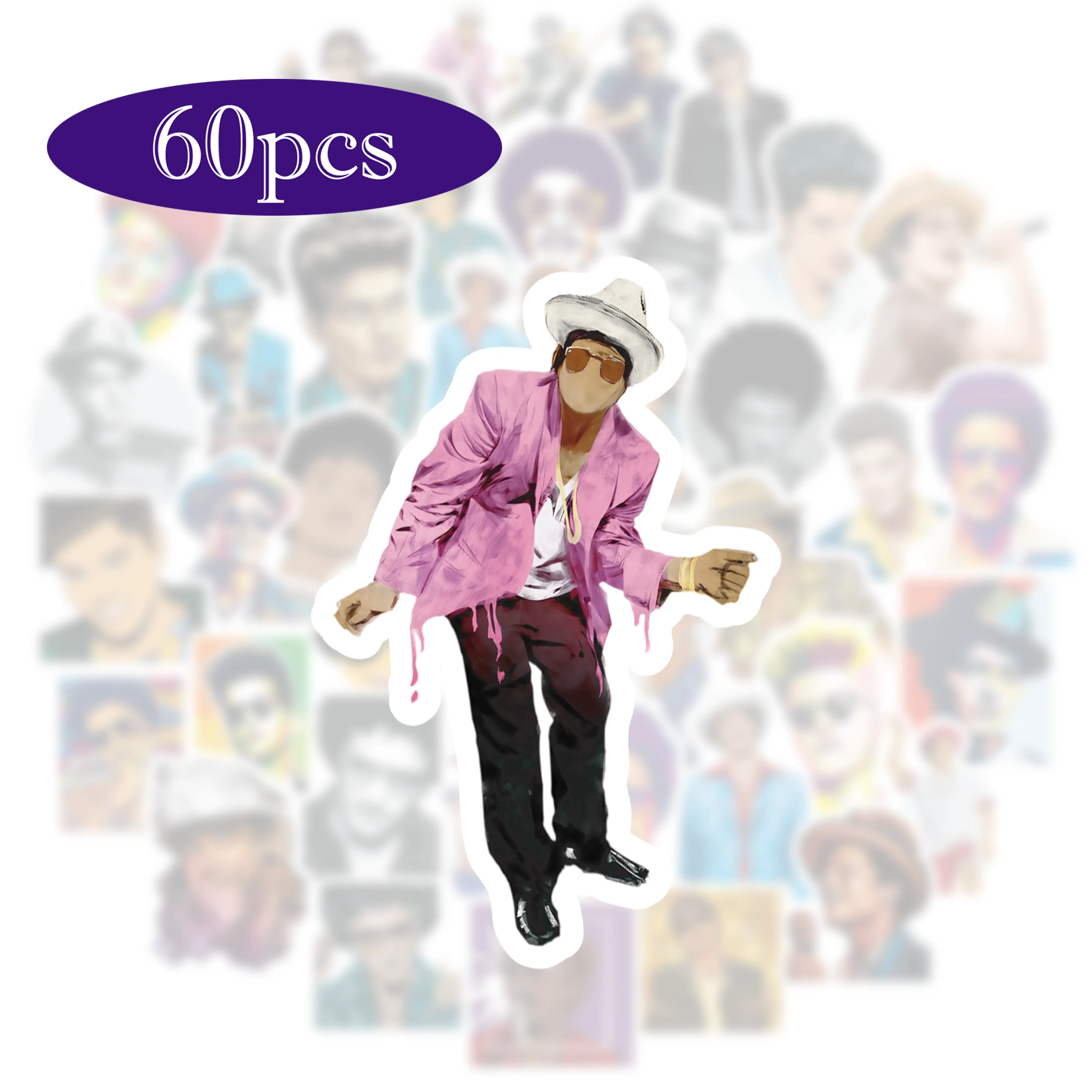 60pcs Bruno Stickers, Durable Vinyl Music Stickers for Water Bottles Phone Cases Laptop Covers, High-Tack Adhesive, Music Fan Essentials Decor