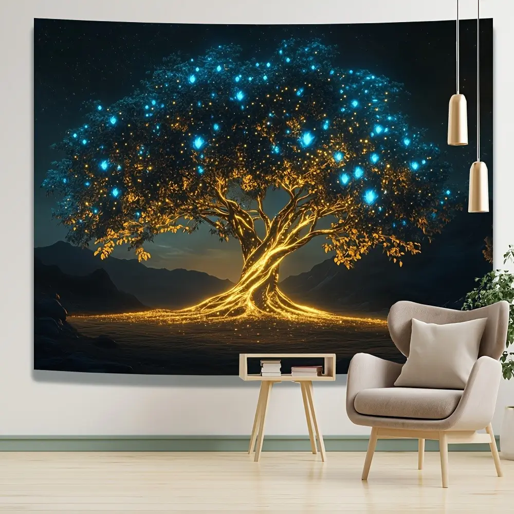 Classic Retro Vintage Starry Sky Pattern Tree-of-Life Hanging Wall Tapestry with Animals - Polyester Home Textile, Machine Washable Home Decor, Indoor Living Room Accessory for Gifting, Family