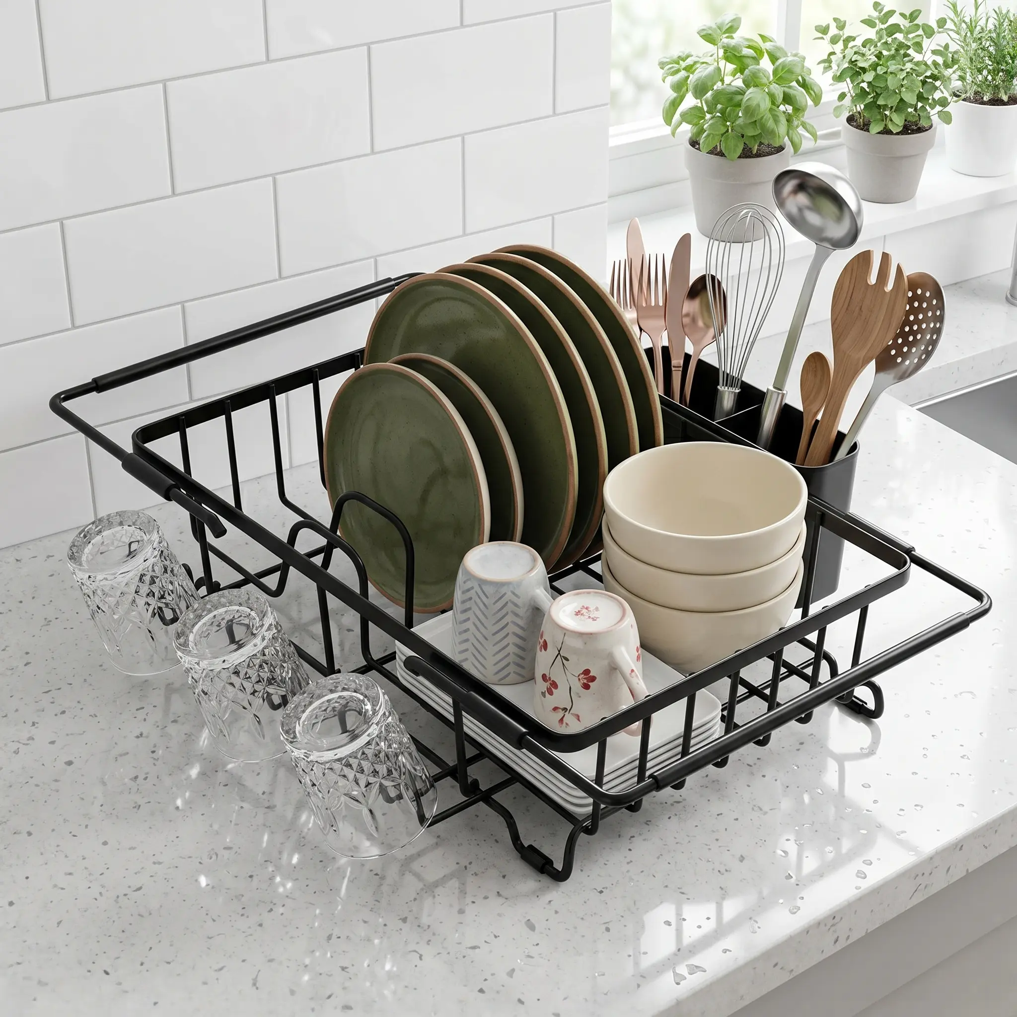 Expandable In Sink Dish Drying Rack Stainless Steel Kitchen Drain Basket with Cutlery Holder Black