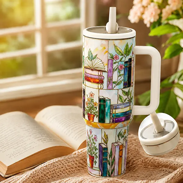 40oz  Stained Glass Book Art Vacuum Flask， Leak-Proof Lid & Straw, BPA Free, Flat 2D Printed Effect, Keep Cold for 12 Hours, Keep Hot for 6 Hours