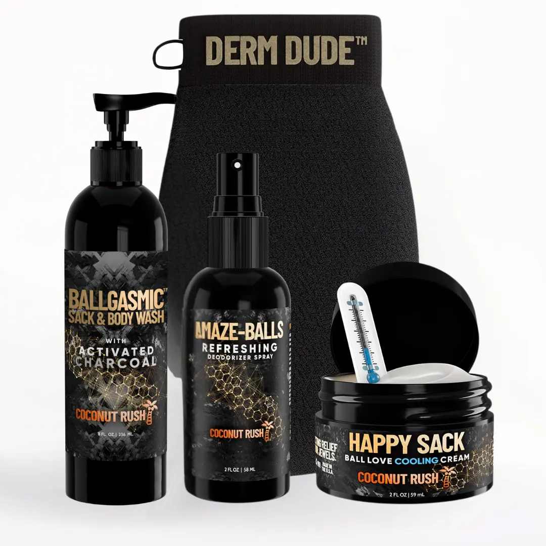 Derm Dude Mega Sack Starter Bundle Ballgasmic Wash Happy Sack Cooling Cream Amaze Balls Deodorant Spray Men's Antibacterial Care Set with Activated Charcoal Aloe Vera Tea Tree Oil