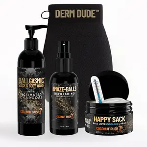 Derm Dude Mega Sack Starter Bundle Ballgasmic Wash Happy Sack Cooling Cream Amaze Balls Deodorant Spray Men's Antibacterial Care Set with Activated Charcoal Aloe Vera Tea Tree Oil