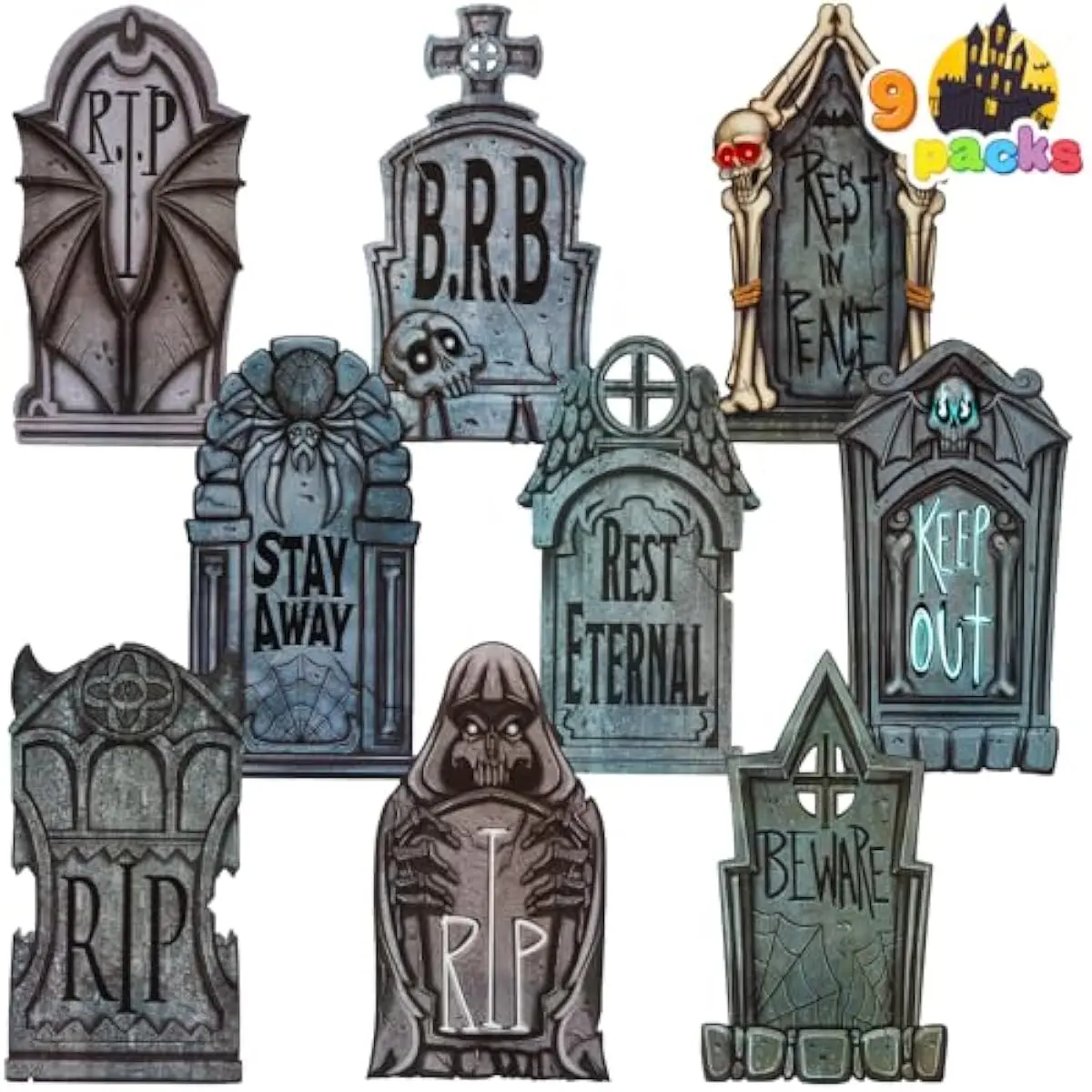 16" 9 Pcs Halloween Tombstones Decorations Outdoor Graveyard Decor, Yard Lawn Cemetery Plastic Headstones with 18 Metal Stakes for Halloween Indoor Prop Decorations, Party Decor Supplies