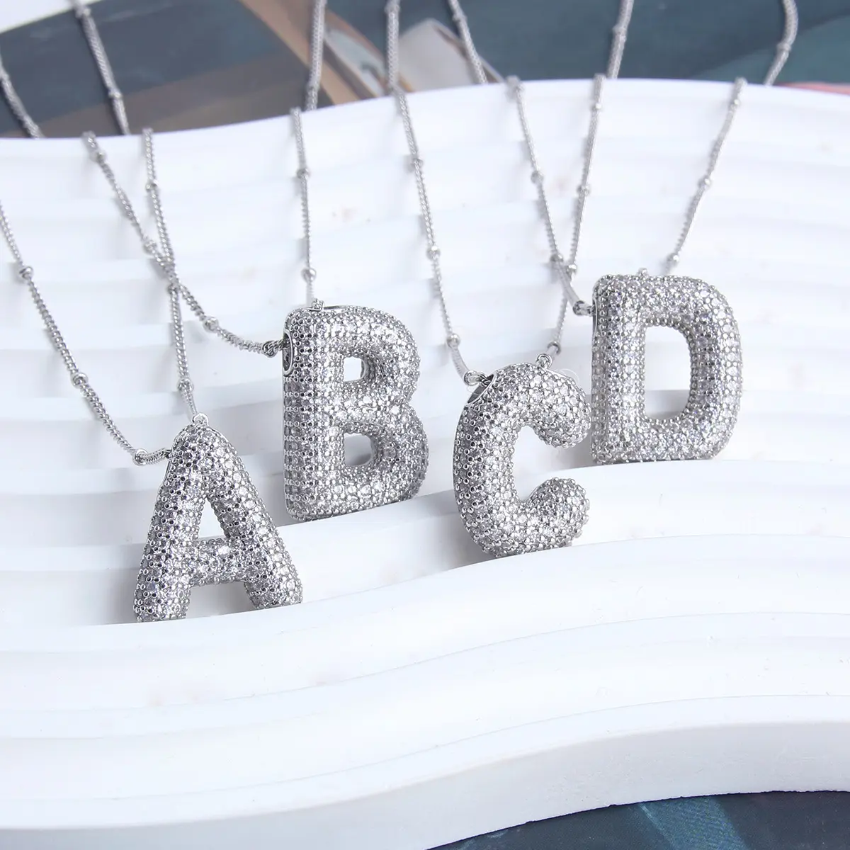 Fashion Initial Letter Necklace with Rhinestones - Bubble Design, Artificial Gemstone Pendant Silver Plated Necklace, Personalized Jewelry for Women Men