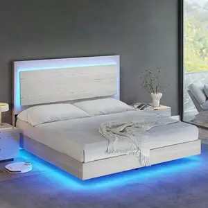 Frame, Farmhouse Floating  Frame  Recline Headboard, Platform   LED Light, No Box Spring Needed/Noise Free, Distressed White bed Cloud Twin Size Gingham Daybed with Trundle