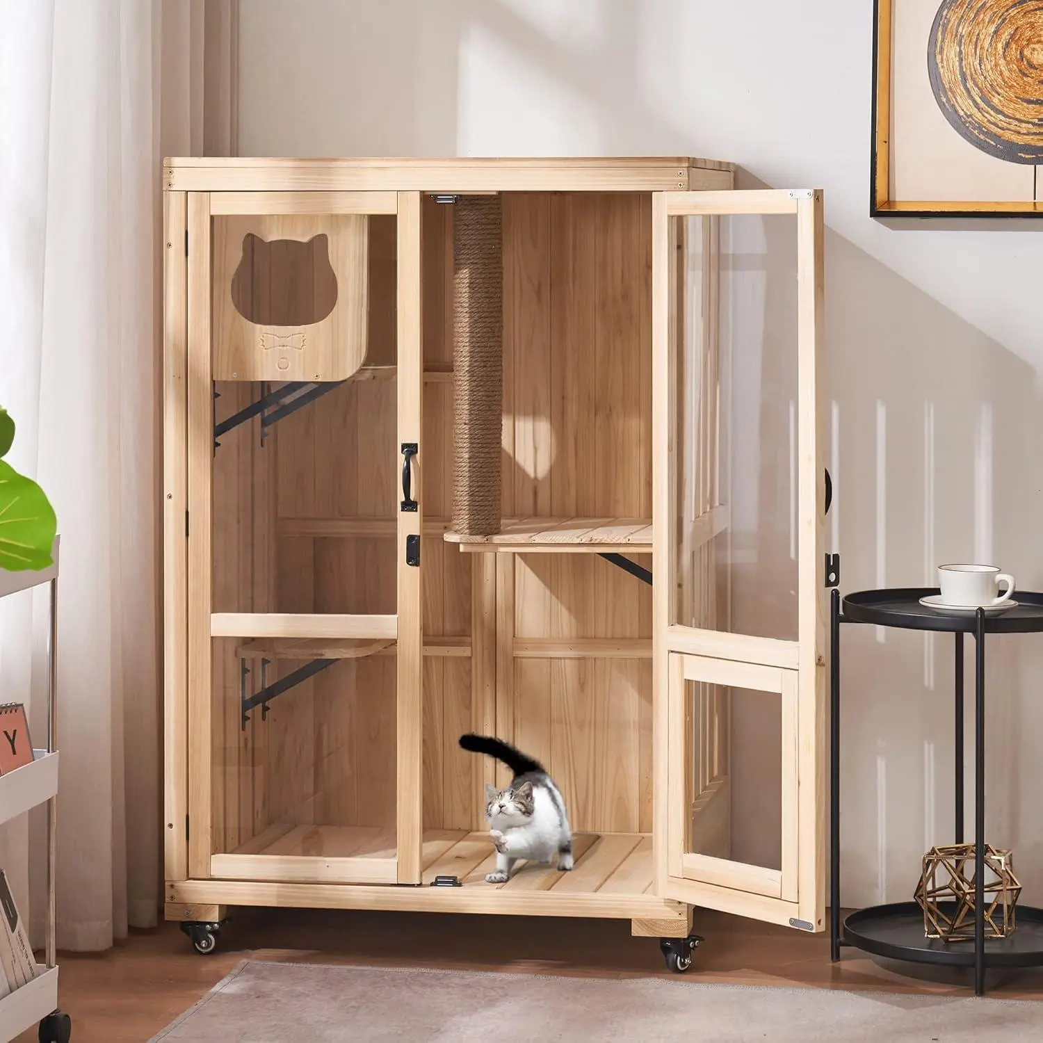 MCombo Luxury Cat House with Scratching Post, Wooden Large Cat Villa with Wheels, Multi-Feature Cat Condo with Escape Door, Cat Cages Enclosures with Shelter Indoor/Outdoor 6012-CT83 (Natural)