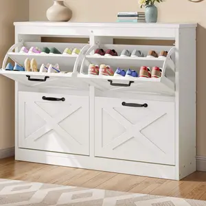 DWVO Shoe Cabinet with 2/4 Flip Drawers, Freestanding Shoe Rack, Shoe Organizer, Narrow Shoe Cabinet for EntryWay Hallway Living Room, White
