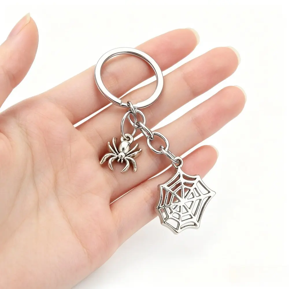 Spider Web Metal Keychain with Spider Charm - Silver, Bronze, Gold Color Fashion Costume Jewelry Accessory for Key Organization
