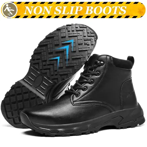 Men's Waterproof Closed Leather Ankle Safety Work Boots - Lace-Up, Anti-Slip Outsoles, Round Toe, All-Seasons Wedge, Construction-Grade Shoes Work & Safety Footwear for Construction Workers, Food Service Kitchen Staff