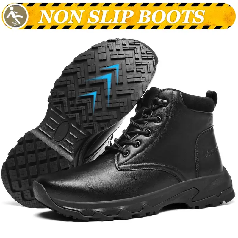 Men's Waterproof Closed Leather Ankle Safety Work Boots - Lace-Up, Anti-Slip Outsoles, Round Toe, All-Seasons Wedge, Construction-Grade Shoes Work & Safety Footwear for Construction Workers, Food Service Kitchen Staff