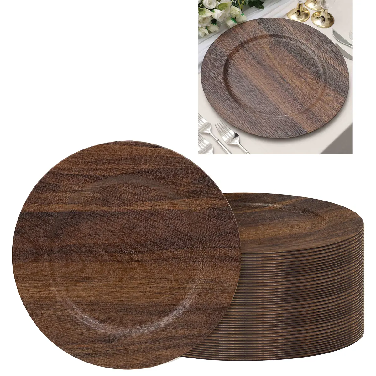10/30 PCS 13 Inch Faux Wood Charger Plates, Brown Plastic Round Chargers for Dinner Plates, Decorative Chargers for Wedding, Party And Farmhouse Dining