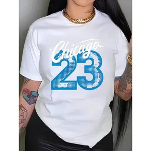 Women’s Chicago 23 Cotton Tee, White Crew Neck Short Sleeve with Blue Print, Breathable Casual Sportswear, Soft Streetwear Summer Top   Oversized Shortsleeve