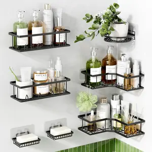 Shower Shelf Corner, 7-Pack Adhesive Shower Caddy, Metal Shower Caddy with Soap Holder, Black Shower Shelves No Drilling Bathroom Caddy for Shower, Home Decor Rv Accessories, Apartment