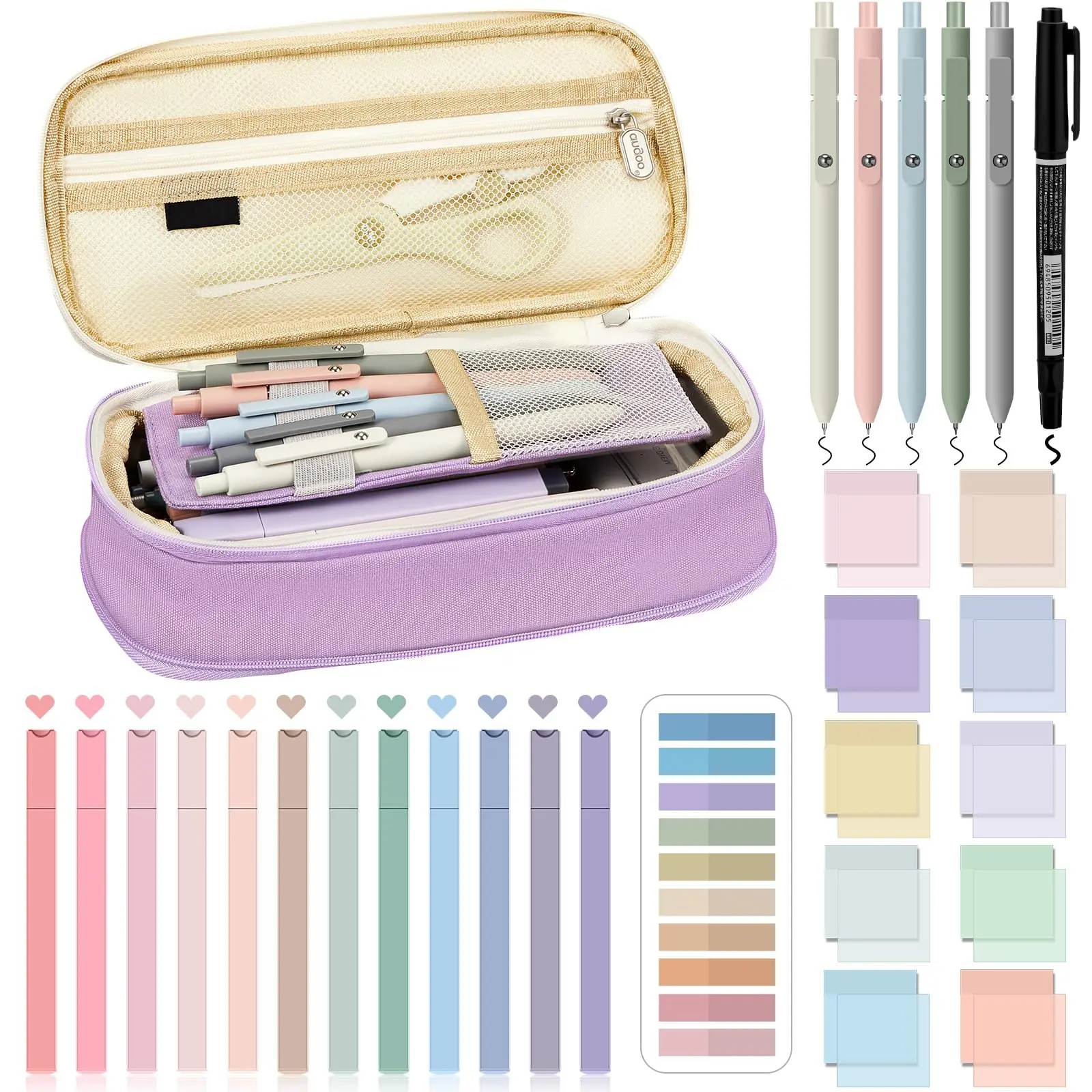 Gejoy School Supplies 39Pcs Back to School Stationery Gift with Pencil Case Black Gel Pens Highlighters Marker Clear Sticky Notes Index Tab for Aesthetic Book Annotation, Bible Study Supplies, Gift for Student Teacher, Classroom Supplies