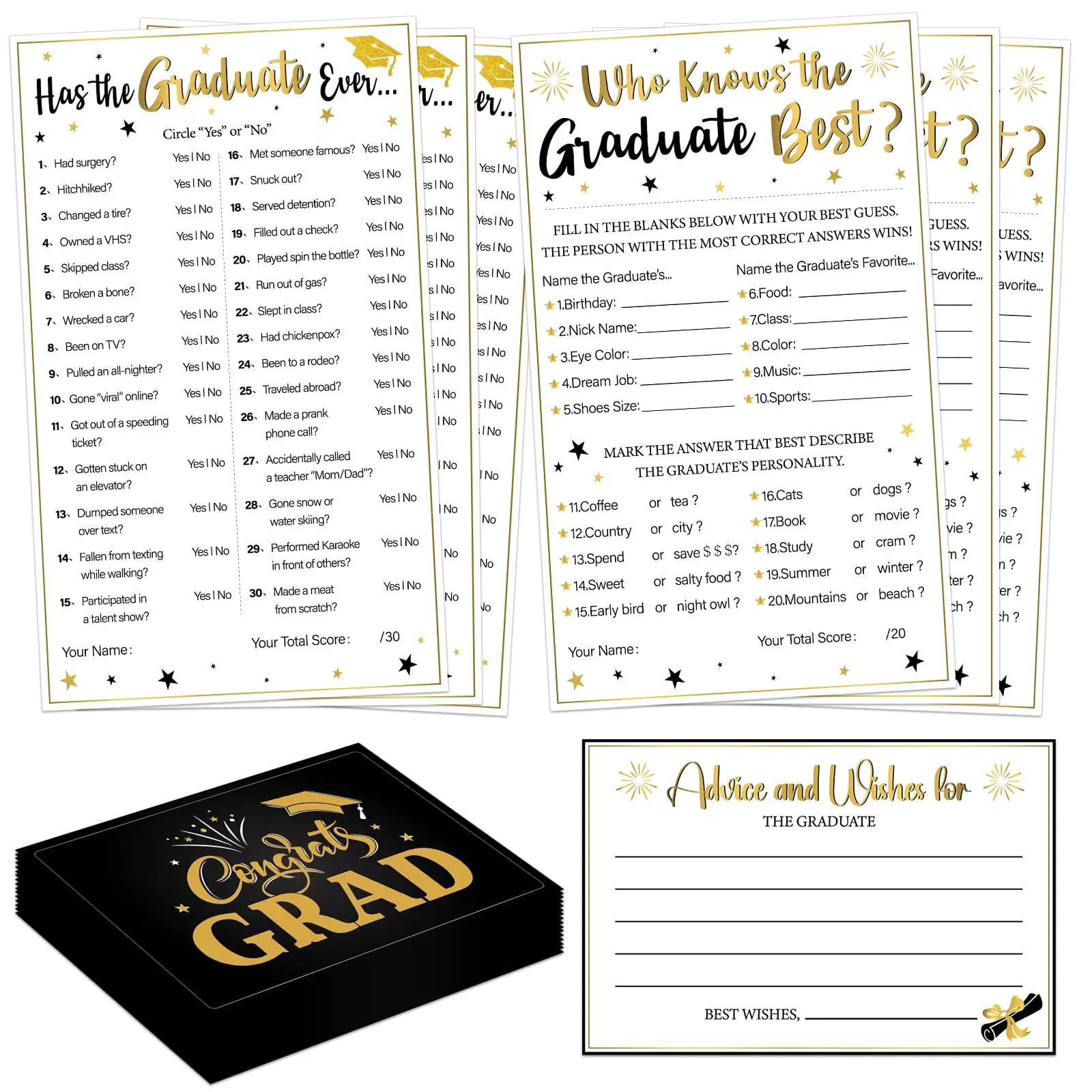 75Pcs 2026 Graduation Party Game Cards Grad Wishes & Advice Cards Who Knows The Graduate Best Cards Has The Grad Ever Game Cards Grad Season Celebration Party Decors Supplies for College High School,back to school,back to school haul
