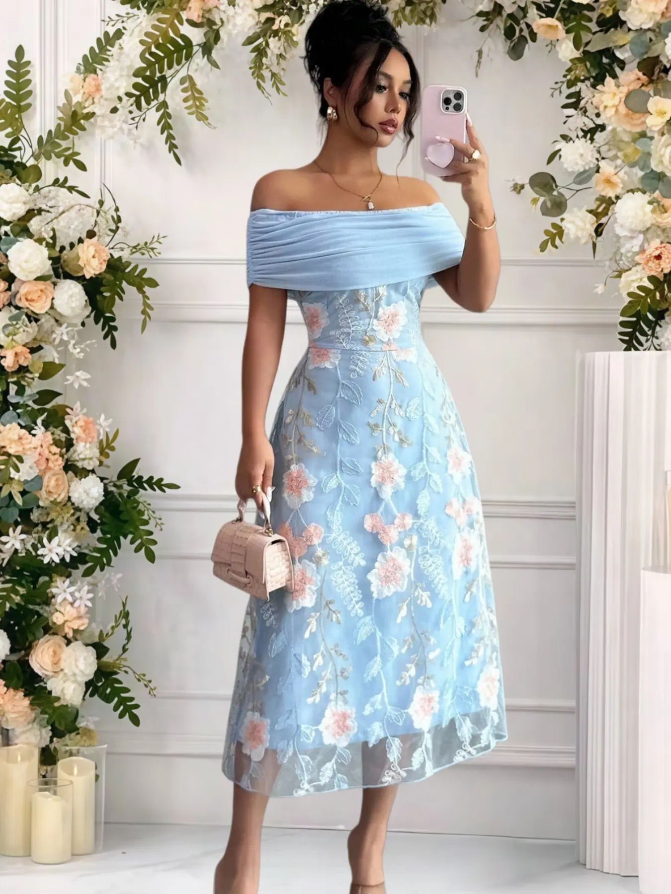 Elegant Chic Floral Embroidered One-Shoulder Dress, Pure Color Party Wear, Formal Wear, Women's Fashionable Evening Gown, Embellished Gown, Perfect for Special Occasions