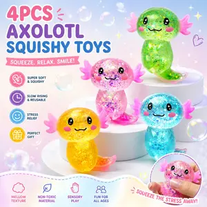 4Pcs soft rubber newt fidget toy set. Stretchy texture with slow rebound. Cute design for kids & adults. Relieve anxiety at work or travel, ideal gift for birthday parties