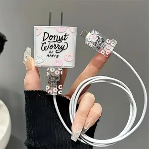 Doughnut Pattern Charger & Cable Protector, Clear Charger & Cable Protective Case, Phone Accessories Compatible with iPhone 18W/20W Charger