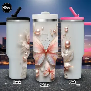 1 pc 40 oz elegant butterfly and pearls tumbler with lid and straw, winter insulated travel mug, gift for women and men, ideal for Valentine’s Day, Easter, birthday gifts, iced/hot coffee cup