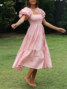 Women's Gingham Print Bubble Sleeve Dress, Casual Short Sleeve Square Neck A Line Dress for Summer, Women's Clothing for Daily Wear, Casual Dresses, Casual Fashion Dress