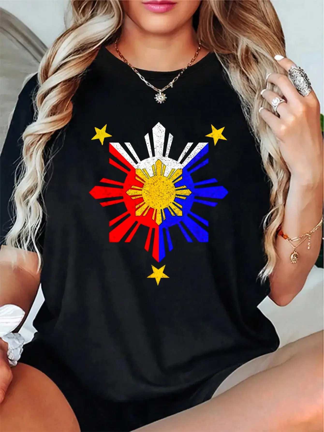 100% Cotton Unisex Pinoy Filipino Philippine Flag Sun T-Shirt, Printed Round Neck Short Sleeve T-Shirt Top