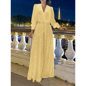 [Glamorous Emerald Dress] Elegant Emerald Green Sequined V-Neck Maxi Dress - A-Line Evening Gown for Women, Polyester Spandex Blend, Long Sleeve, Perfect for Spring & Fall, Glamorous Parisian Style, Fall Clothing | Aline Silhouette