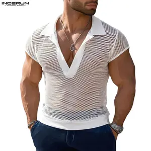 INCERUN Men’s Summer Mesh Patchwork Short-Sleeve Polo Shirt, Fashion Casual Men's Top