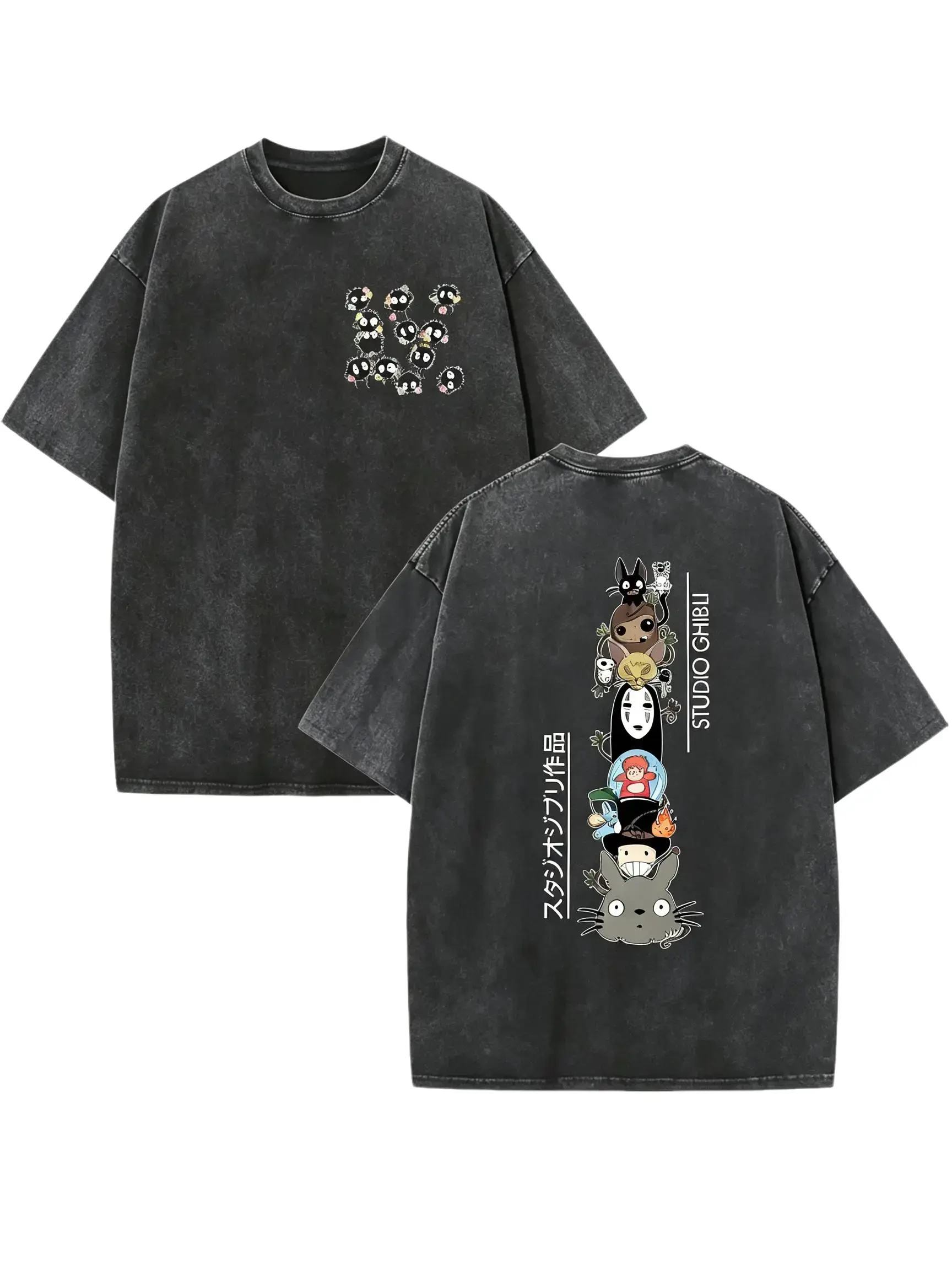 [BT] Vintage Washed Studio Ghibli Anime Graphic Oversized T-Shirt - Y2K Streetwear Mens Top for Totoro, Spirited Away & Howl's Moving Castle Fans, Soot Sprite All Characters Anime Manga Merch tees