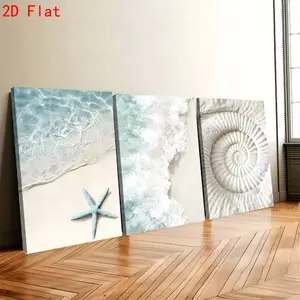 Nordic-style three-piece canvas wall art set, coastal-themed decorative paintings including wave, starfish, and seashell patterns.Modern minimalist living room, bedroom, bathroom, and office home decoration.Can be hung directly.