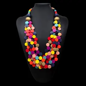Rainbow Wooden Disc Beaded Bib Necklace for Women, Multi-layer Multi-color Chunky Statement Neck Chain, Trendy Bold Bohemian Daily Party Fashion Jewelry
