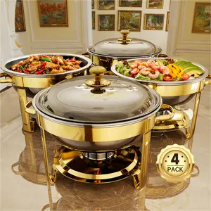 KSCOCINA Luxury 4-Pack Gold Chafing Dish Set - 1-Min Easy Assembly 5QT Stainless Steel Buffet Warmer with Anti-Cut Safety Edges & Precision Water Indicators | Professional Heavy Duty Catering Essentials