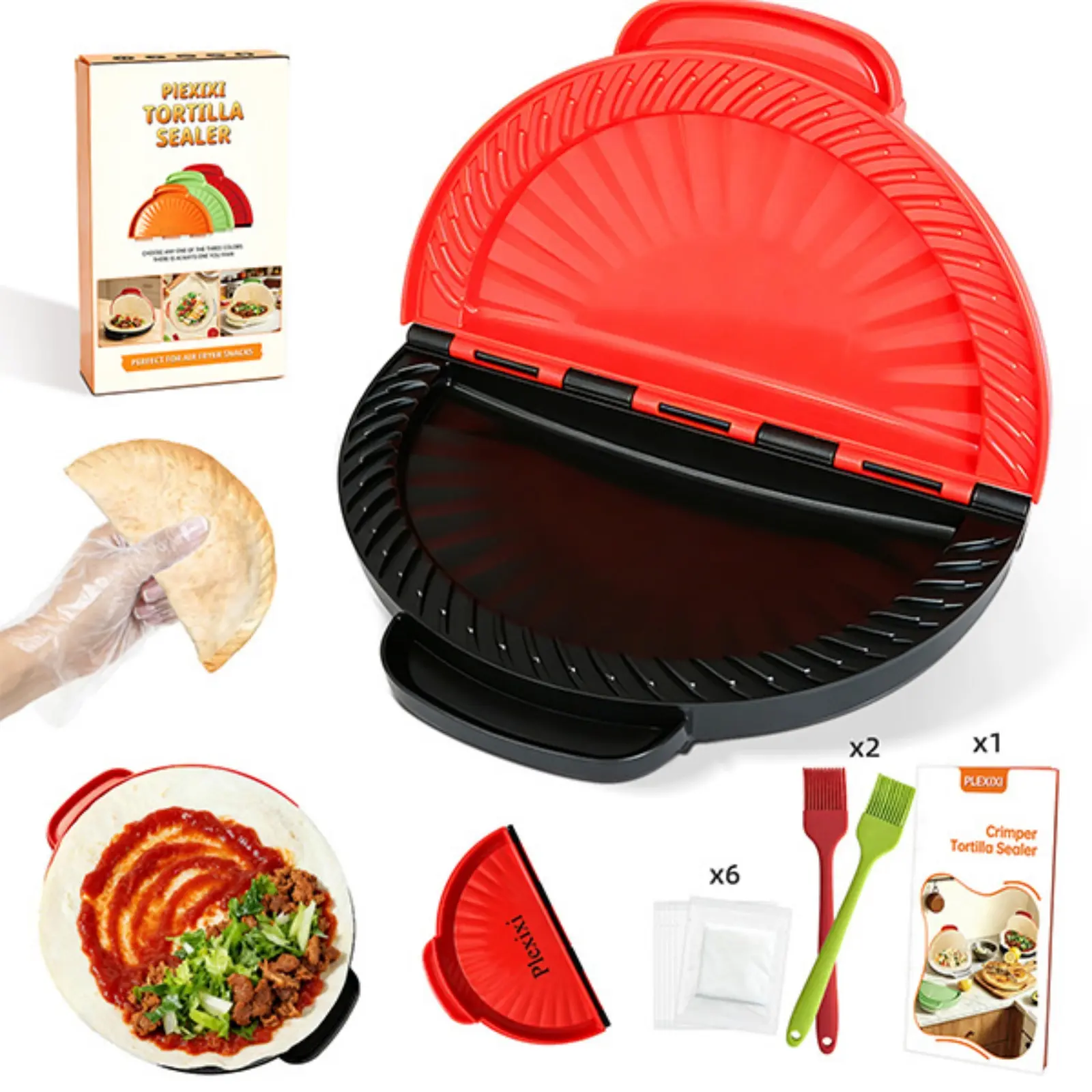 Crimper Tortilla Sealer,For 10 inch Flour Tortillas Crimper for Quick Quesadilla Crimper Taco Sealer Press, Easy Crimper ToolInclude 2*Brush,6*Disposable Gloves and instructions (Red and Black)