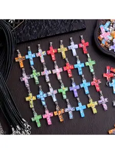 20 Pack Resin Cross Pendants with Sequins Flower Pattern DIY Jewelry Making Supplies for Necklace Earrings Bracelet Crafting Accessories Cute Beading Findings Perfect Gift for Girls Women 10 pendants+10 chains